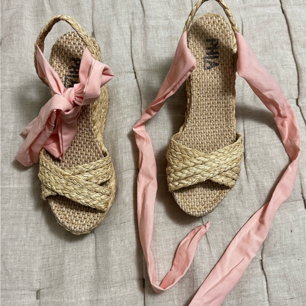 Pink and Tan Espadrille Ballet Flats with Ribbon